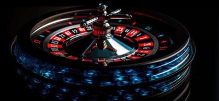 roulette wiel met blauw achtergrond en lichten, casino foto. generatief ai foto