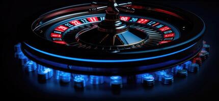 roulette wiel met blauw achtergrond en lichten, casino foto. generatief ai foto