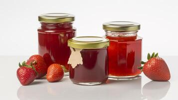 aardbei jam met aardbei fruit Aan wit achtergrond met generatief ai foto