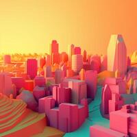 stad met zonsondergang in isometrische visie in trending kleur palet voor reclame met generatief ai foto