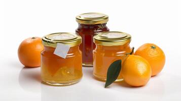 oranje marmelade jam met sinaasappels potten Aan wit achtergrond met generatief ai foto