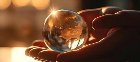 aarde wereldbol in handen Aan de achtergrond van helder zon. generatief ai foto