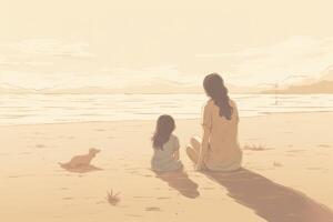 moeder dag illustratie met een minimalistische stijl dat vitrines een moeder en kind genieten van een vredig dag Bij de strand. zacht, gedempt tonen. generatief ai foto
