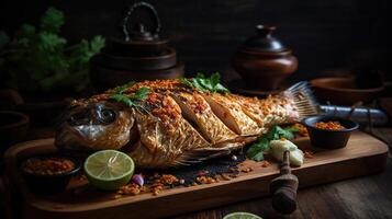 eigengemaakt gegrild vis - Aziatisch recept - gezond zeevruchten concept, generatief ai foto