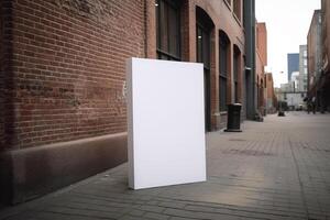 ai generatief een blanco wit aanplakbord mockup Aan een trottoir in een stad foto