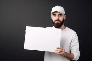 ai generatief een Mens houdt een blanco wit teken bord mockup in zijn hand- foto