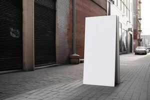 ai generatief een blanco wit aanplakbord mockup Aan een trottoir in een stad foto