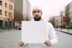 ai generatief een Mens houdt een blanco wit teken bord mockup in zijn hand- foto