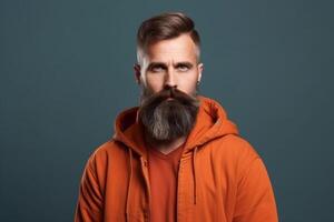 ai generatief een Mens Aan solide kleur achtergrond fotoshoot met echt gelaats uitdrukking foto