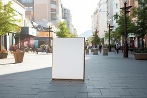 ai generatief een blanco wit aanplakbord mockup Aan een trottoir in een stad foto