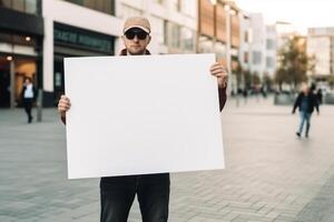 ai generatief een Mens houdt een blanco wit teken bord mockup in zijn hand- foto