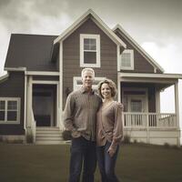 ai generatief portret van gelukkig volwassen paar staand in voorkant van hun nieuw huis foto