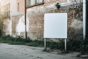 ai generatief een blanco wit aanplakbord mockup Aan een trottoir in een stad foto