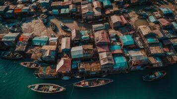 ai generatief antenne visie van zeehaven met klein visvangst boten foto