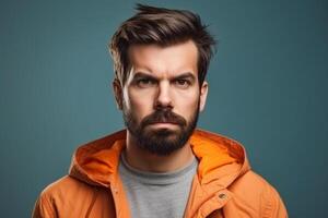 ai generatief een Mens Aan solide kleur achtergrond fotoshoot met echt gelaats uitdrukking foto