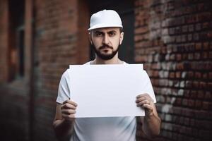 ai generatief een Mens houdt een blanco wit teken bord mockup in zijn hand- foto