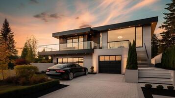 ai generatief buitenkant van modern luxe huis met tuin en mooi lucht foto