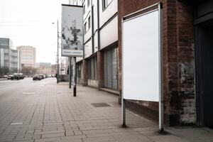 ai generatief een blanco wit aanplakbord mockup Aan een trottoir in een stad foto