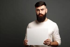 ai generatief een Mens houdt een blanco wit teken bord mockup in zijn hand- foto