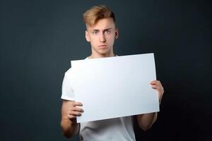 ai generatief een Mens houdt een blanco wit teken bord mockup in zijn hand- foto