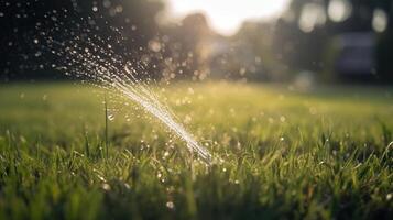 water sproeien van slang Aan groen gras buitenshuis, generatief ai foto