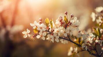 voorjaar bloesem achtergrond. mooi natuur tafereel met bloeiend boom en zon gloed. zonnig dag. voorjaar bloemen. mooi boomgaard, generatief ai foto