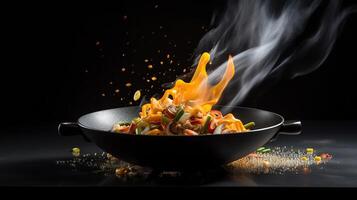 bevriezen beweging van wok pan met vliegend ingrediënten in de lucht en brand vlammen, generatief ai foto