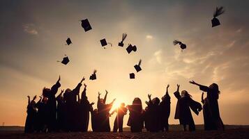 opleiding, diploma uitreiking en mensen concept - silhouetten van veel gelukkig studenten in jurken het werpen baretten in lucht, generatief ai foto