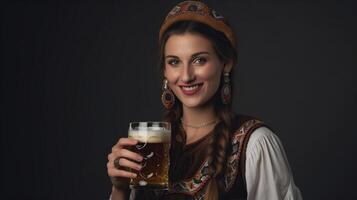 mooi vrouw in traditioneel Duitse kostuum en met mok van bier laten zien, generatief ai foto