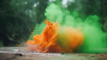 oranje en groen kleur poeder plons. concept voor Indië onafhankelijkheid dag, 15e van augustus, generatief ai foto