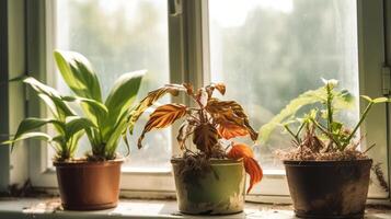 verwelkt kamerplanten Aan vensterbank in kamer, generatief ai foto