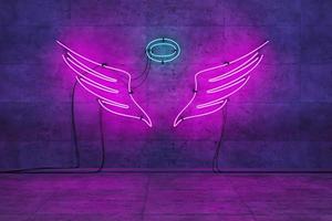 neon roze lamp met engelenvleugels in lege ruimte foto