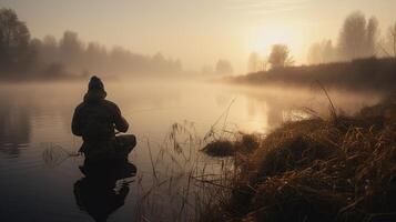 visser met hengel, spinnen haspel Aan de rivier- bank. zonsopkomst. mist tegen de backdrop van meer. achtergrond nevelig ochtend. wild natuur. de concept van een landelijk ga weg, generatief ai foto