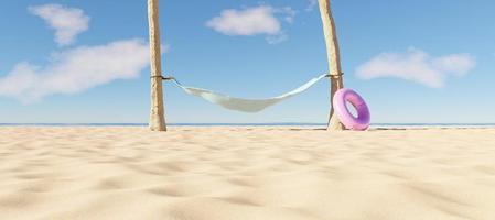 hangmat tussen twee palmbomen op het strand, 3d render foto