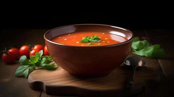 kom met smakelijk gazpacho Aan houten achtergrond, generatief ai foto