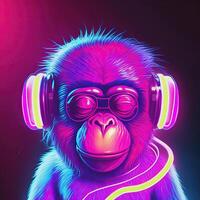 neon partij aap in koptelefoon. generatief ai. niet gebaseerd Aan ieder feitelijk tafereel foto
