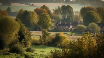 een typisch visie van landelijk behuizing omringd door platteland in vroeg herfst, generatief ai foto