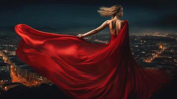 mode vrouw in rood fladderend jurk terug kant achterzijde visie. aantrekkingskracht model- dansen met lang zijde kleding stof vliegend Aan wind over- nacht lucht stad licht landschap, generatief ai foto