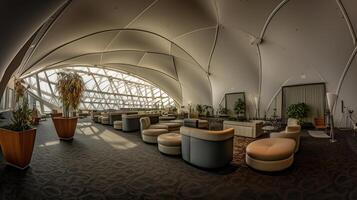 luchthaven lounge vip Oppervlakte onder gebogen biologisch tent plafond, generatief ai foto