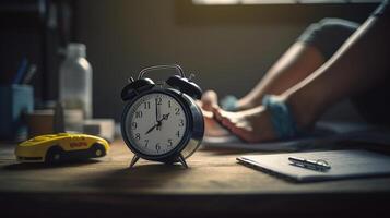 vrouw met voeten omhoog Aan een bureau en alarm klok met kleverig Opmerking, zijn breken tijd, generatief ai foto