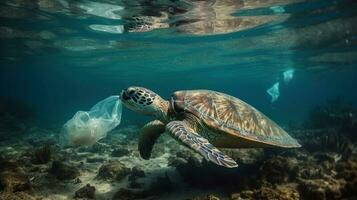 plastic verontreiniging in oceaan - schildpad eten plastic zak - milieu probleem foto