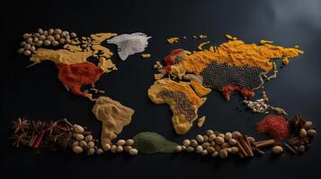 wereld kaart gemaakt van verschillend specerijen Aan grijs achtergrond, top visie, generatief ai foto