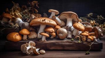 verscheidenheid van ongekookt wild Woud champignons. generatief ai foto