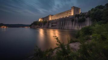 visie van de hydro-elektrisch macht fabriek Aan de rivier, schemering, lang blootstelling, generatief ai foto