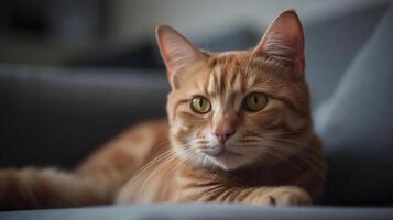 schattig rood kat aan het liegen Aan sofa in leven kamer, generatief ai foto