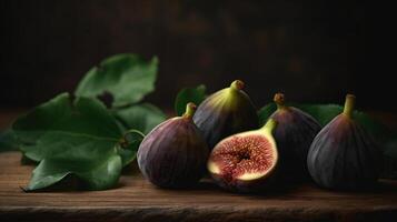 rijp fig fruit met blad detailopname. mooi zoet vers biologisch vijgen Aan een houten tafel. generatief ai foto