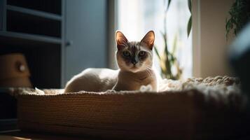 interieur van licht leven kamer met schattig kat aan het liegen in huisdier bed, generatief ai foto