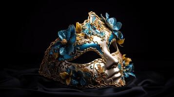 foto van elegant en delicaat Venetiaanse masker over- blauw donker achtergrond, generatief ai