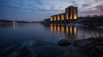 mooi nacht van de hydro-elektrisch macht fabriek Aan de rivier, schemering, lang blootstelling, generatief ai foto