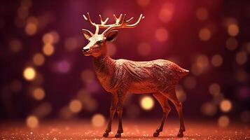 Kerstmis kaart - magie gouden hert in glimmend rood achtergrond, generatief ai foto